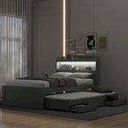 Lit plateforme Twin XL gris/marron foncé avec lit gigogne, tête de lit LED et tiroirs de rangement – 2 couchages