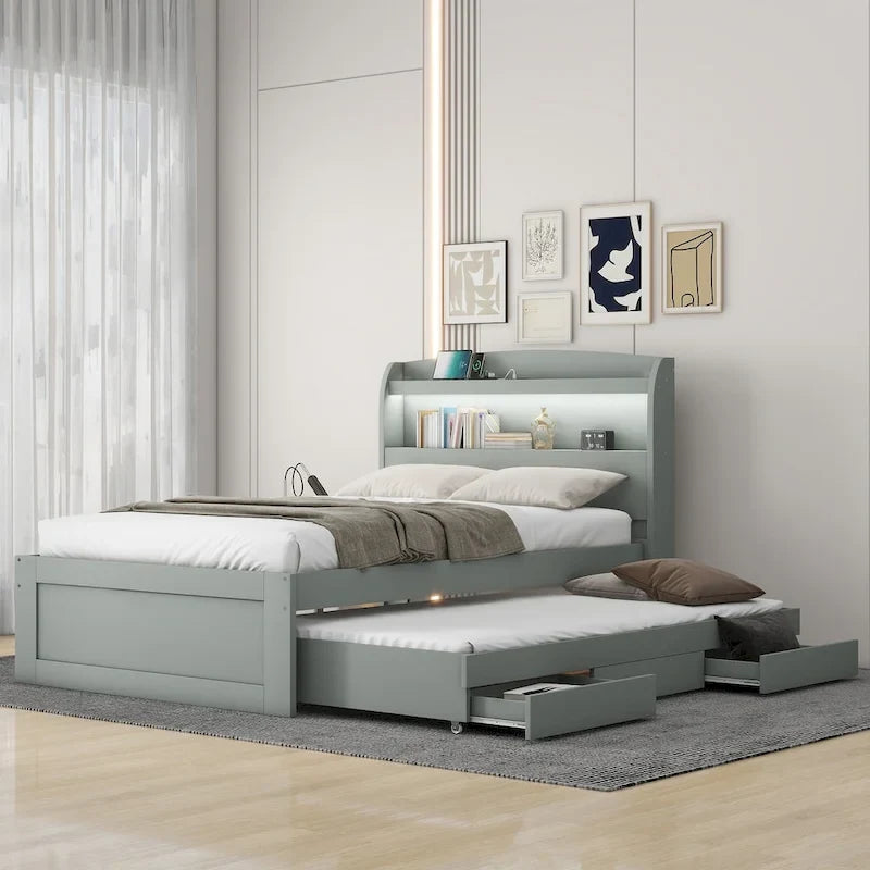 Lit plateforme Twin XL gris/marron foncé avec lit gigogne, tête de lit LED et tiroirs de rangement – 2 couchages