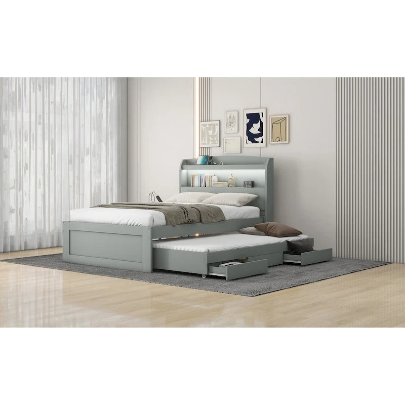 Lit plateforme Twin XL gris/marron foncé avec lit gigogne, tête de lit LED et tiroirs de rangement – 2 couchages