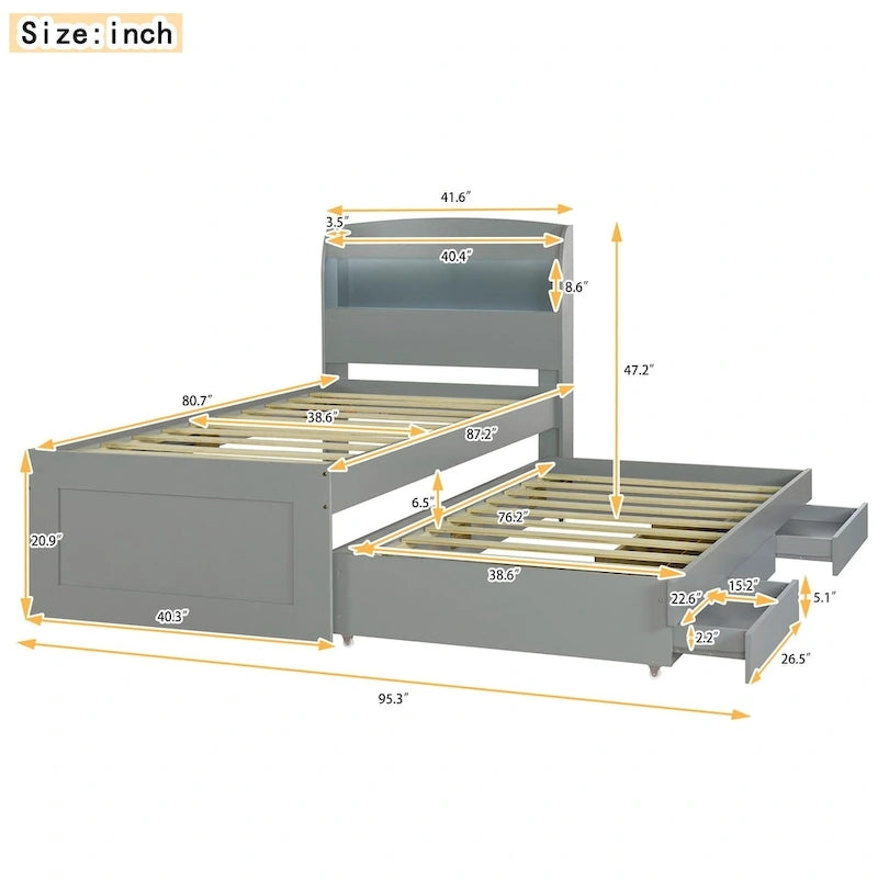 Lit plateforme Twin XL gris/marron foncé avec lit gigogne, tête de lit LED et tiroirs de rangement – 2 couchages