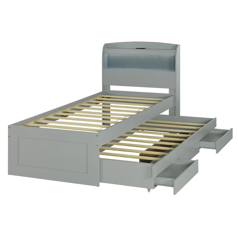 Lit plateforme Twin XL gris/marron foncé avec lit gigogne, tête de lit LED et tiroirs de rangement – 2 couchages