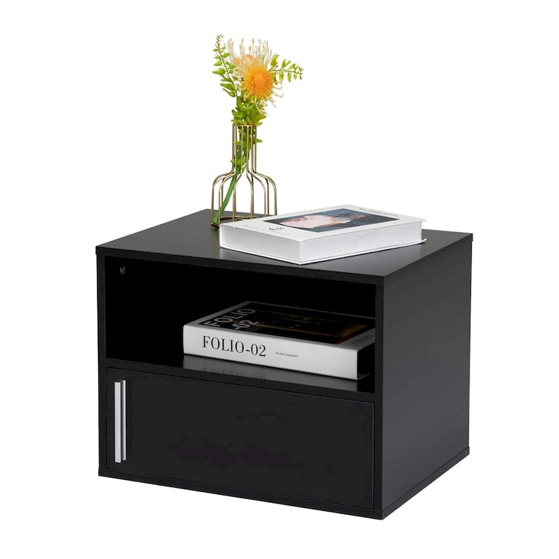 Table de chevet murale avec porte battante, blanc/noir, lot de 2
