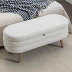 Banc de rangement capitonné velours et bouclette, pieds en bois, une place