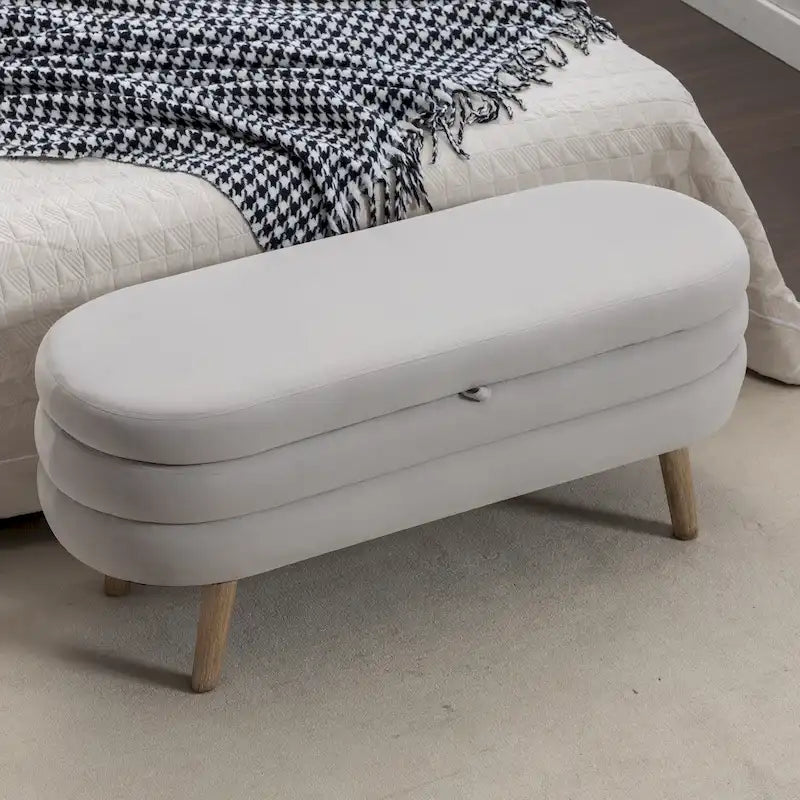 Banc de rangement capitonné velours et bouclette, pieds en bois, une place