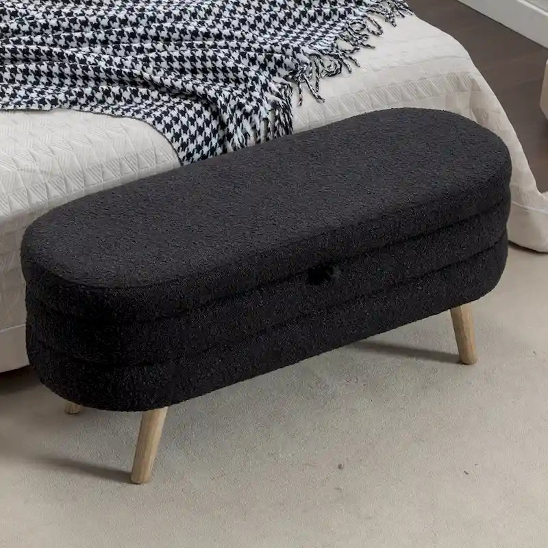 Banc de rangement capitonné velours et bouclette, pieds en bois, une place