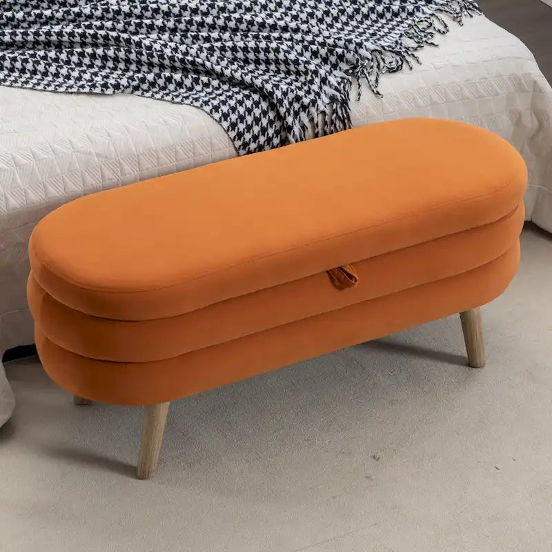 Banc de rangement capitonné velours et bouclette, pieds en bois, une place