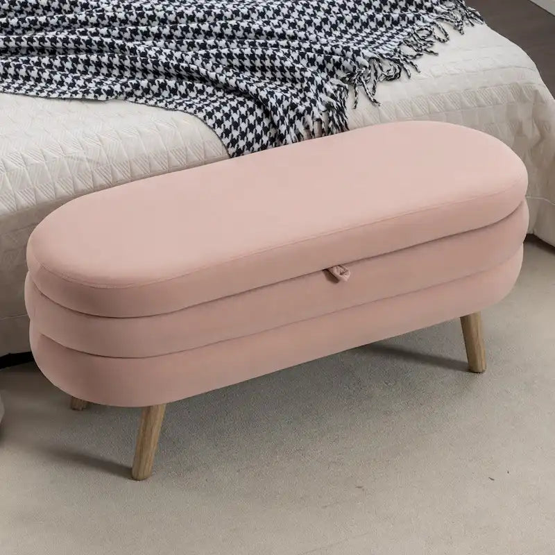 Banc de rangement capitonné velours et bouclette, pieds en bois, une place