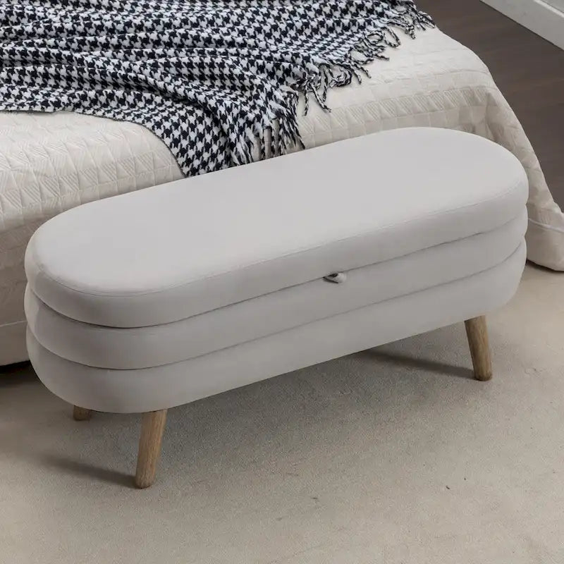 Banc de rangement capitonné velours et bouclette, pieds en bois, une place