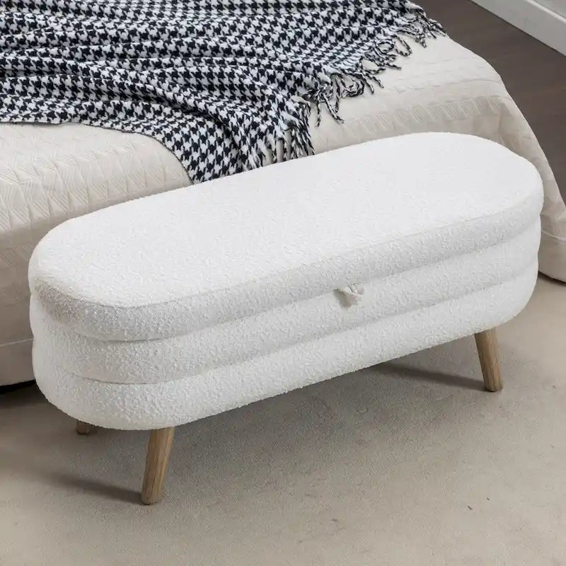 Banc de rangement capitonné velours et bouclette, pieds en bois, une place