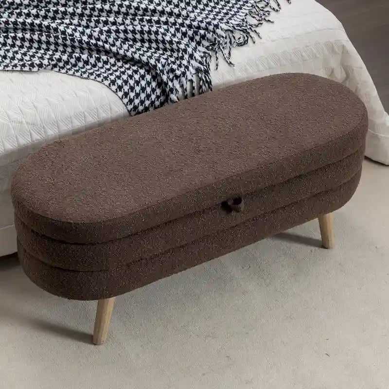 Banc de rangement capitonné velours et bouclette, pieds en bois, une place