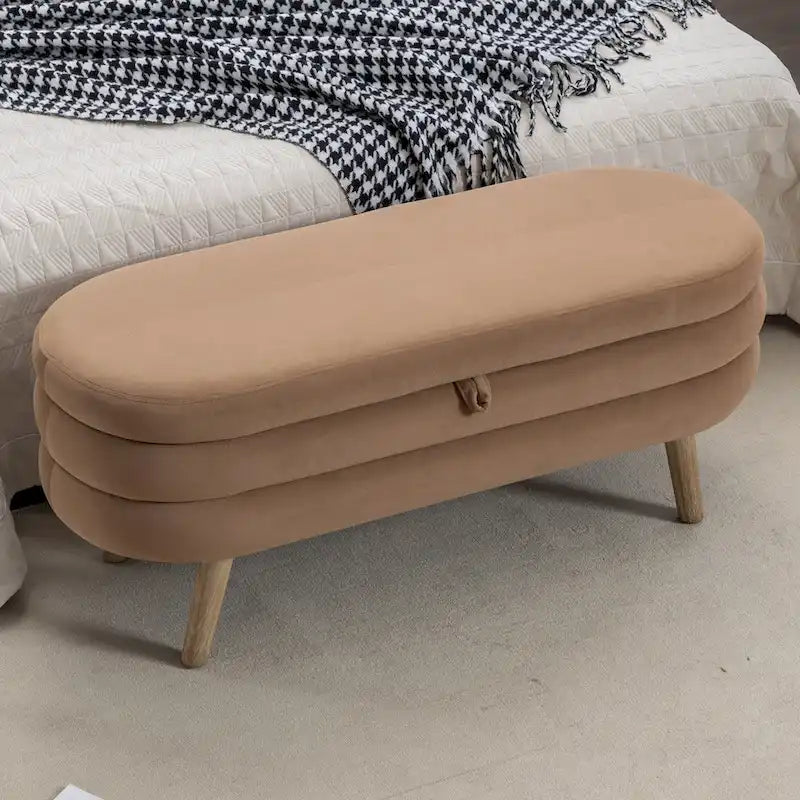 Banc de rangement capitonné velours et bouclette, pieds en bois, une place