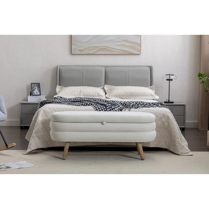 Banc de rangement capitonné velours et bouclette, pieds en bois, une place