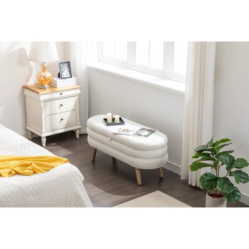 Banc de rangement capitonné velours et bouclette, pieds en bois, une place