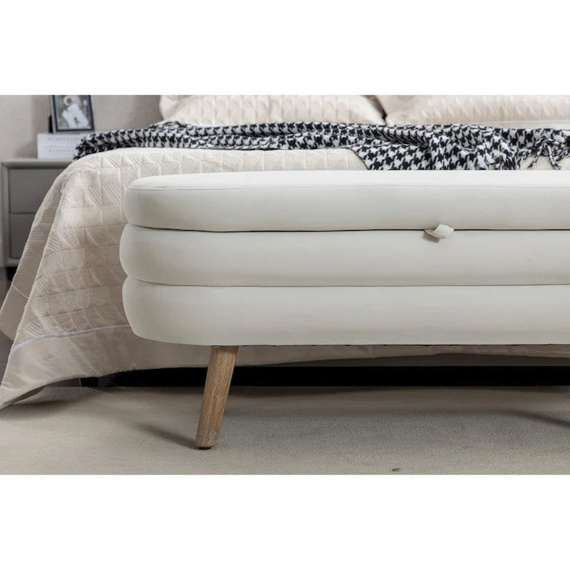 Banc de rangement capitonné velours et bouclette, pieds en bois, une place