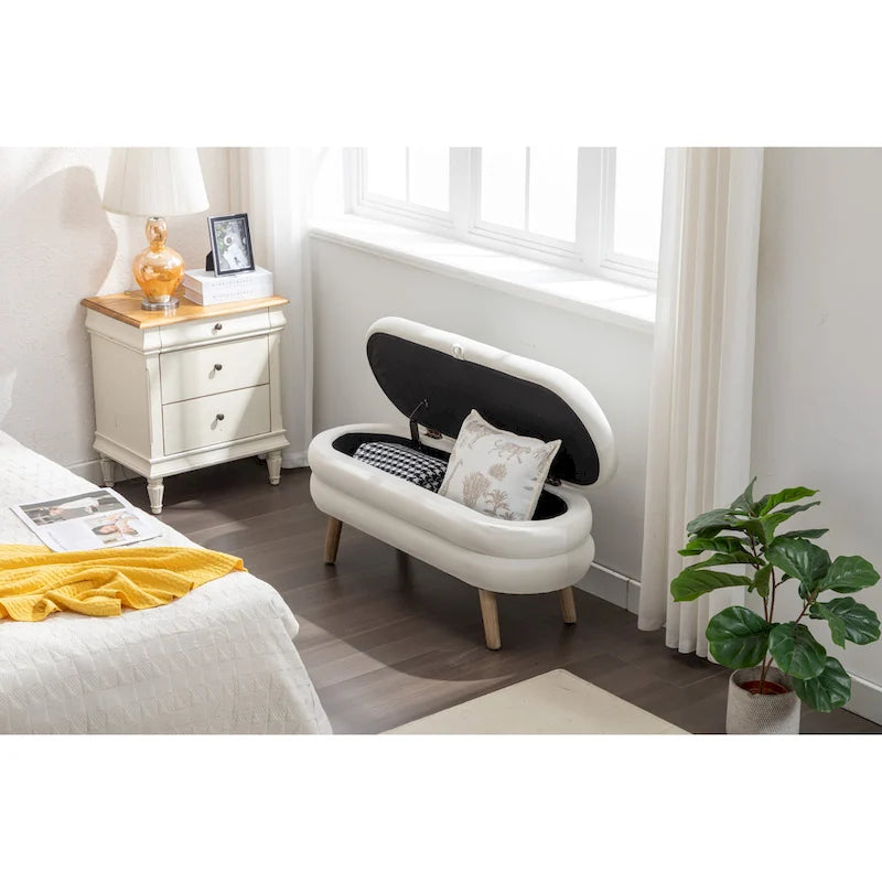 Banc de rangement capitonné velours et bouclette, pieds en bois, une place