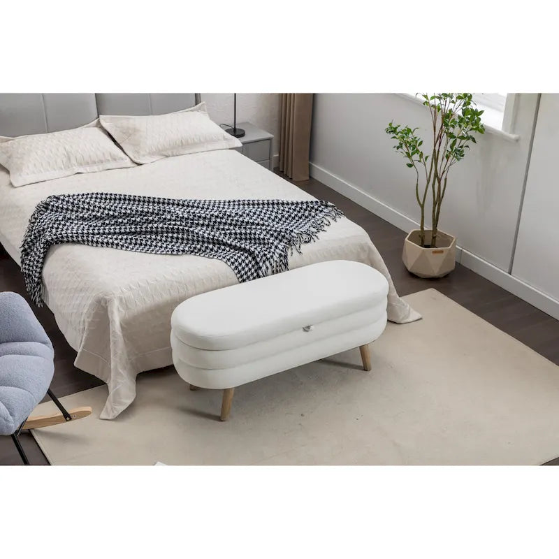Banc de rangement capitonné velours et bouclette, pieds en bois, une place