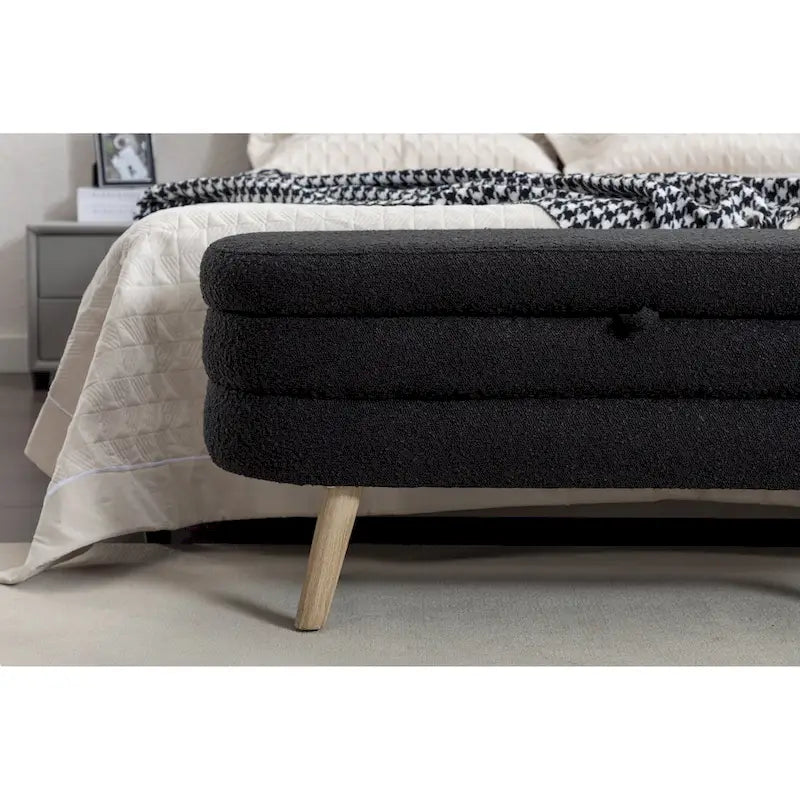 Banc de rangement capitonné velours et bouclette, pieds en bois, une place
