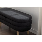 Banc de rangement capitonné velours et bouclette, pieds en bois, une place