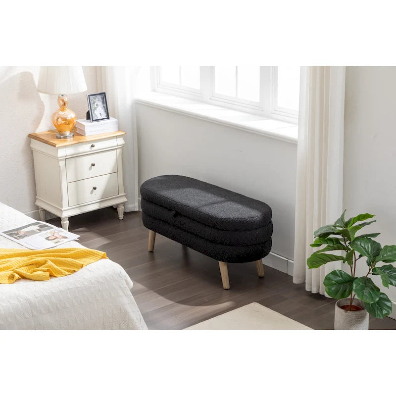 Banc de rangement capitonné velours et bouclette, pieds en bois, une place