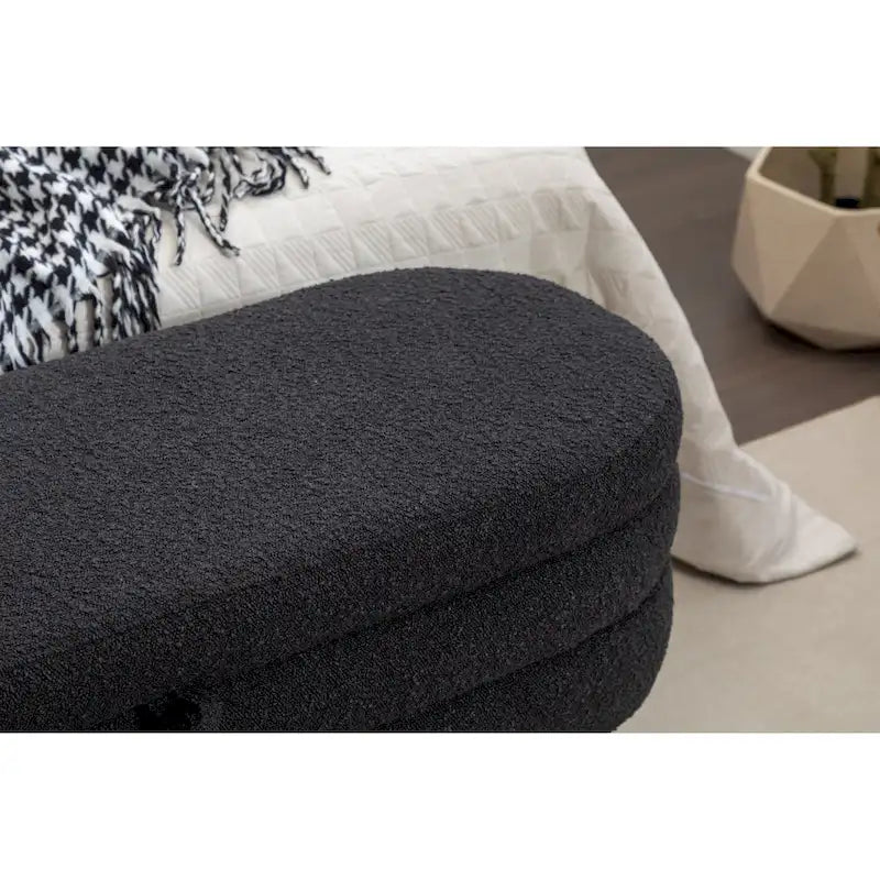Banc de rangement capitonné velours et bouclette, pieds en bois, une place