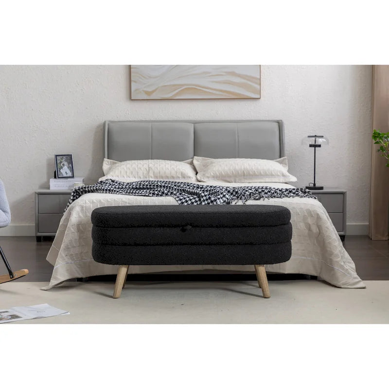 Banc de rangement capitonné velours et bouclette, pieds en bois, une place