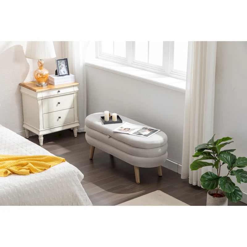 Banc de rangement capitonné velours et bouclette, pieds en bois, une place