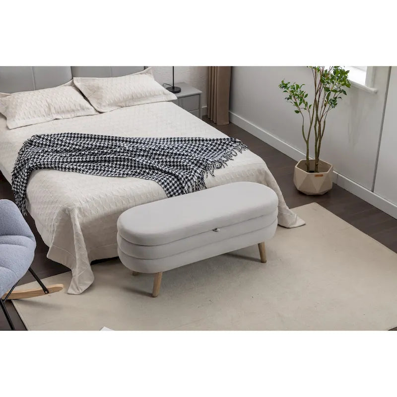 Banc de rangement capitonné velours et bouclette, pieds en bois, une place