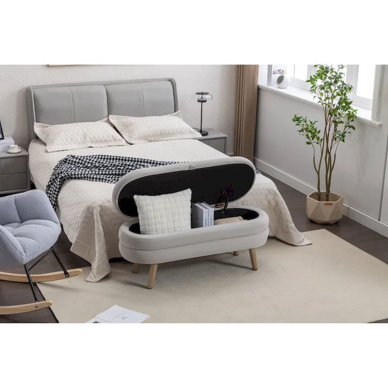 Banc de rangement capitonné velours et bouclette, pieds en bois, une place