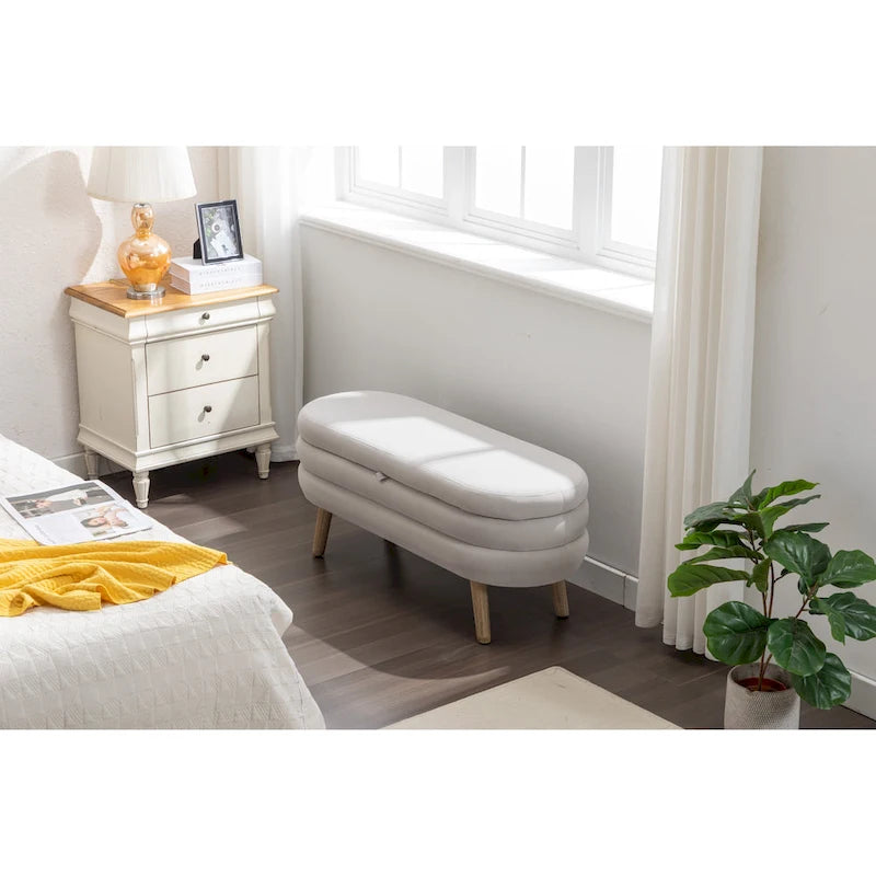 Banc de rangement capitonné velours et bouclette, pieds en bois, une place