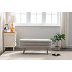 Banc de rangement capitonné velours et bouclette, pieds en bois, une place