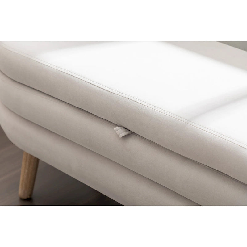 Banc de rangement capitonné velours et bouclette, pieds en bois, une place