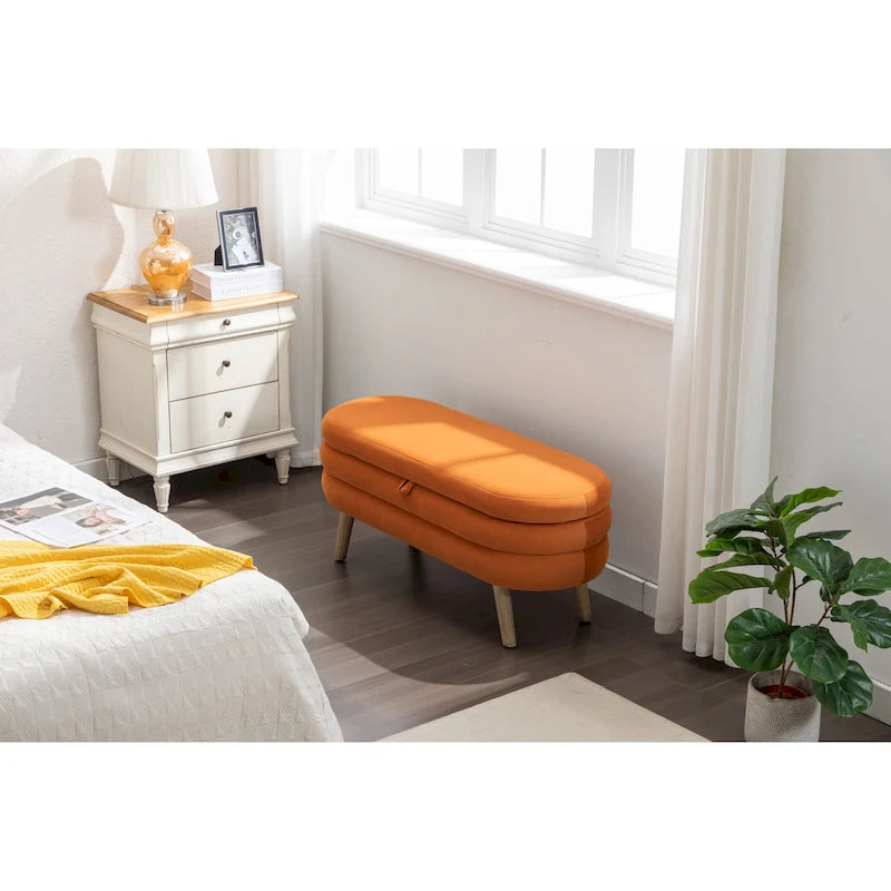 Banc de rangement capitonné velours et bouclette, pieds en bois, une place
