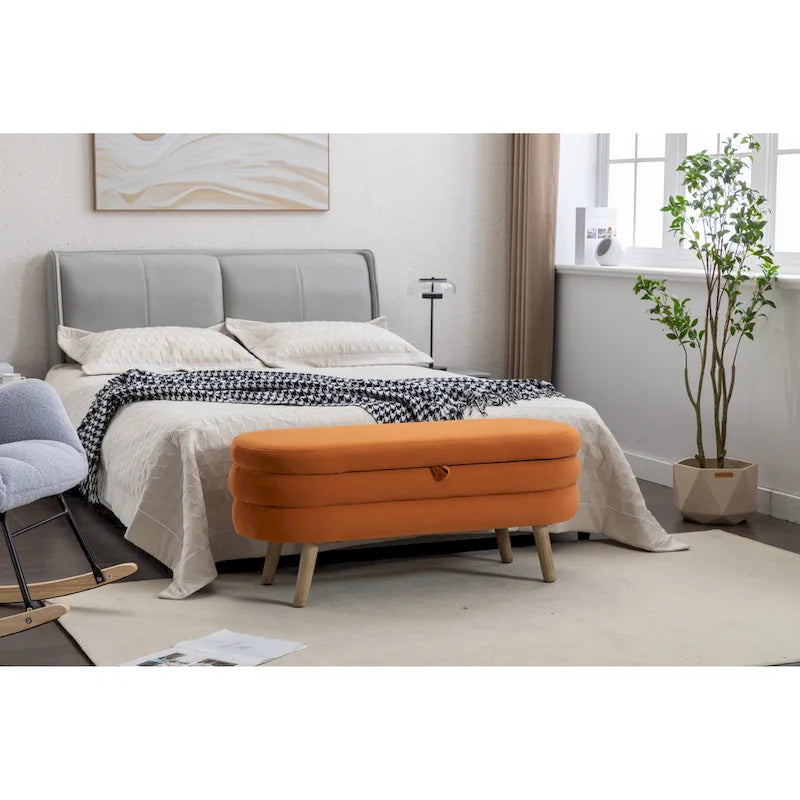 Banc de rangement capitonné velours et bouclette, pieds en bois, une place
