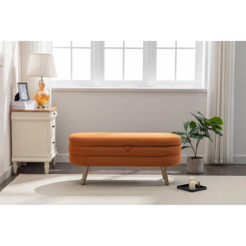 Banc de rangement capitonné velours et bouclette, pieds en bois, une place