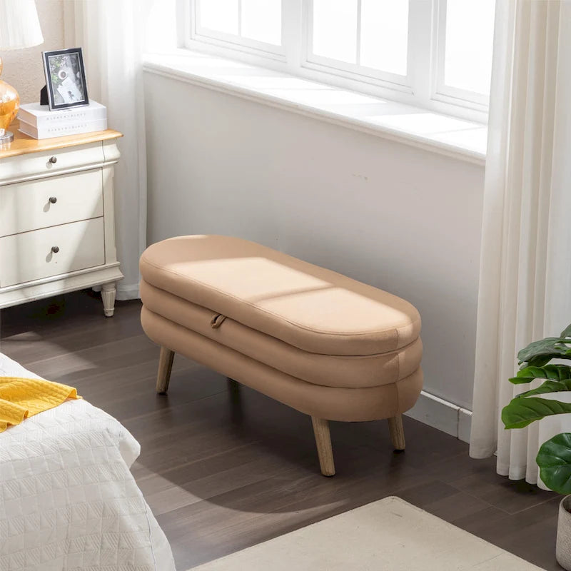 Banc de rangement capitonné velours et bouclette, pieds en bois, une place