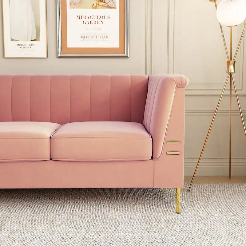 Canapé 3 places en velours rose avec pieds en métal doré (1 à 3 personnes)