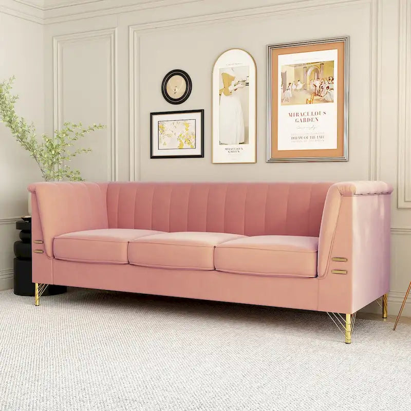 Canapé 3 places en velours rose avec pieds en métal doré (1 à 3 personnes)