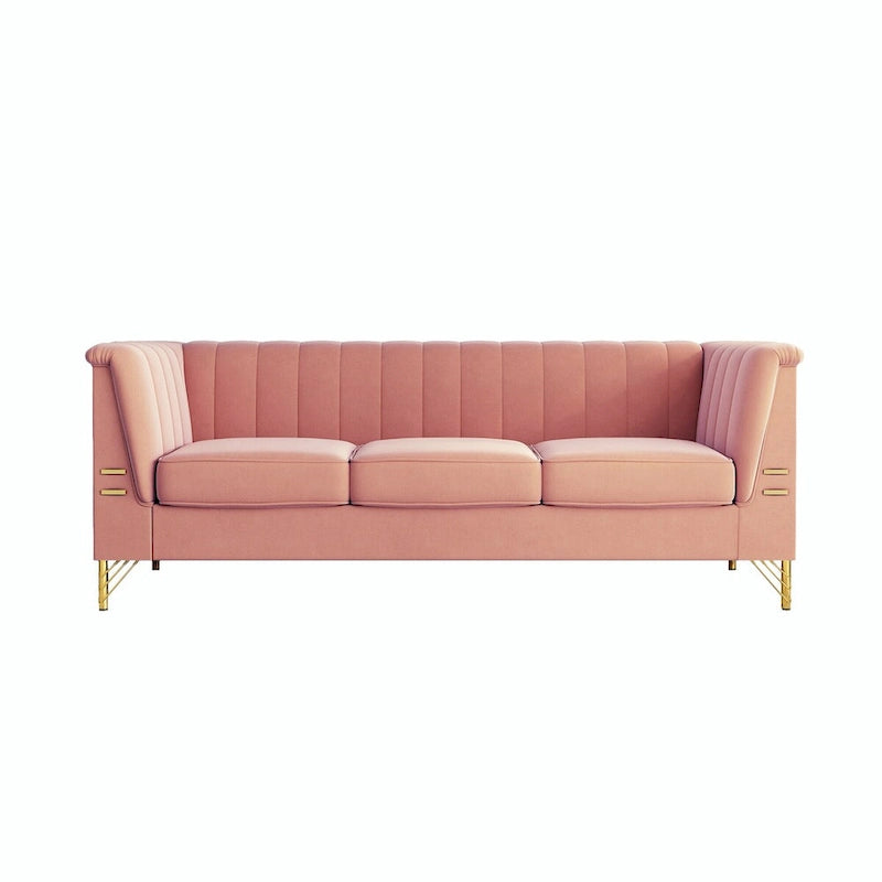 Canapé 3 places en velours rose avec pieds en métal doré (1 à 3 personnes)