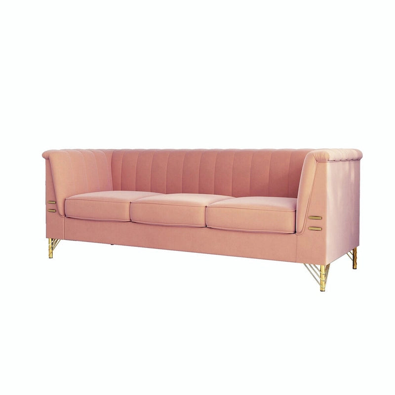Canapé 3 places en velours rose avec pieds en métal doré (1 à 3 personnes)