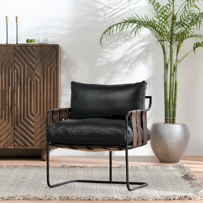 Fauteuil d'appoint en cuir noir/crème, style industriel moderne, 1 place