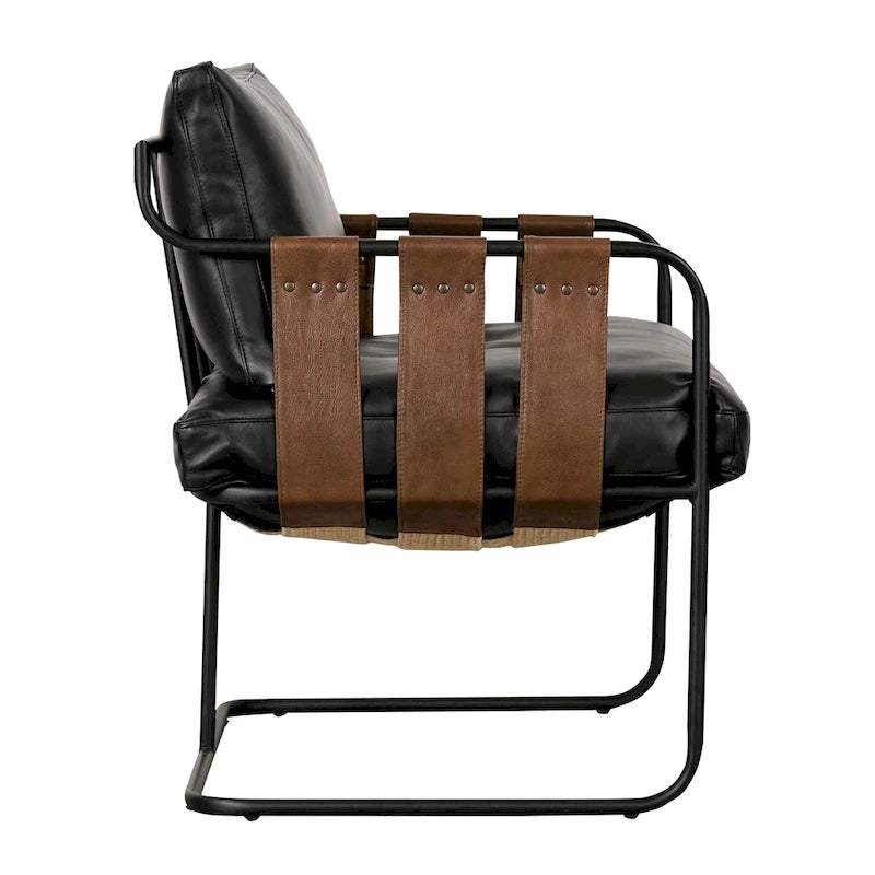 Fauteuil d'appoint en cuir noir/crème, style industriel moderne, 1 place