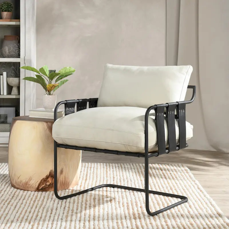 Fauteuil d'appoint en cuir noir/crème, style industriel moderne, 1 place