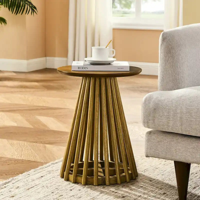 Table d'appoint ronde, marron/doré et noir, bois massif + MDF, usage unique