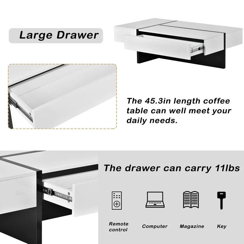 Table Basse Rectangulaire Noir / Blanc, Haute Brillance, 1 Personne