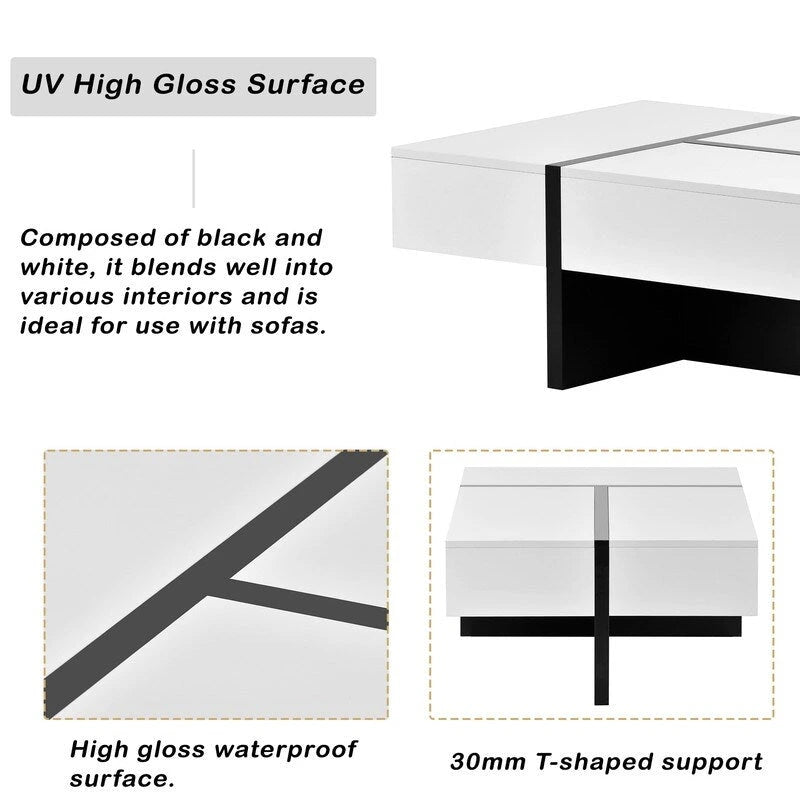 Table Basse Rectangulaire Noir / Blanc, Haute Brillance, 1 Personne