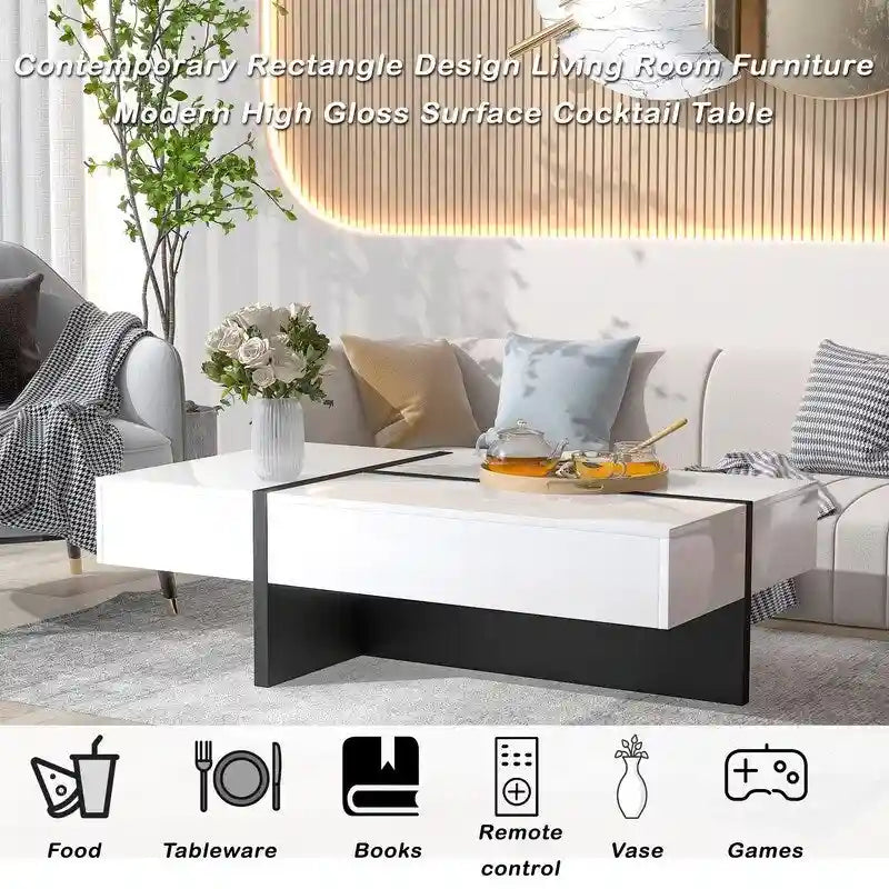 Table Basse Rectangulaire Noir / Blanc, Haute Brillance, 1 Personne
