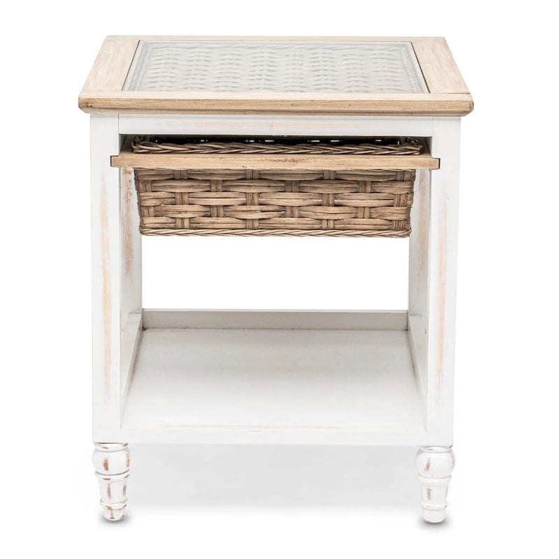 Table d'appoint en bois blanc avec 1 panier de rangement – 1 place