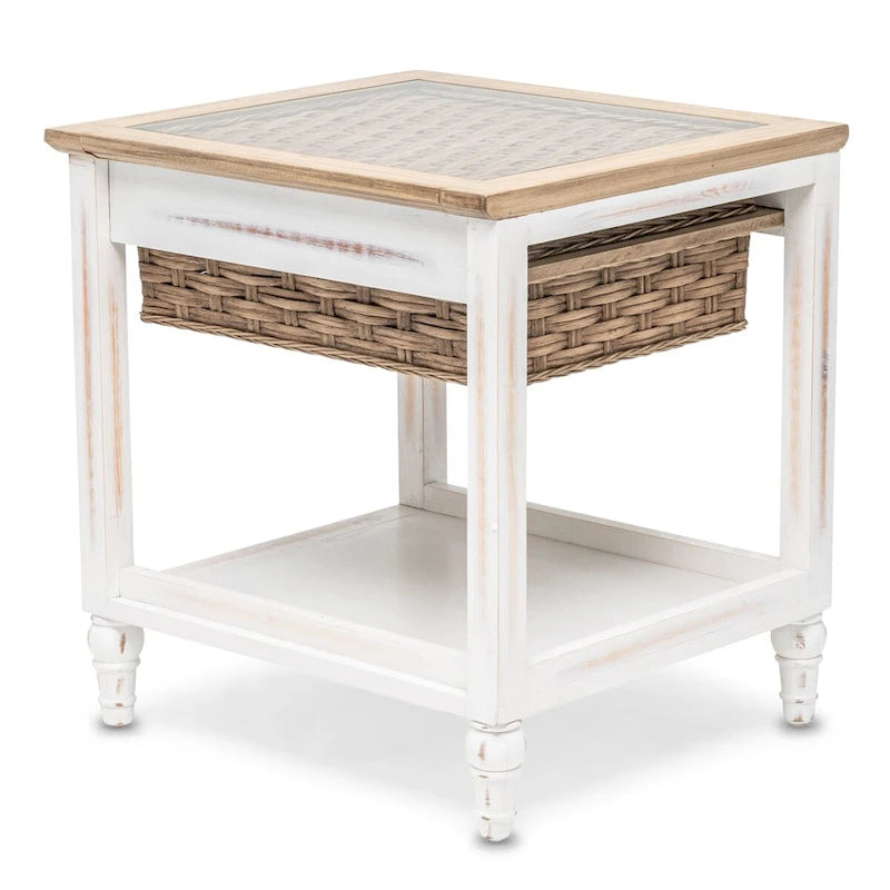 Table d'appoint en bois blanc avec 1 panier de rangement – 1 place