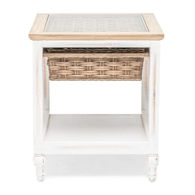 Table d'appoint en bois blanc avec 1 panier de rangement – 1 place