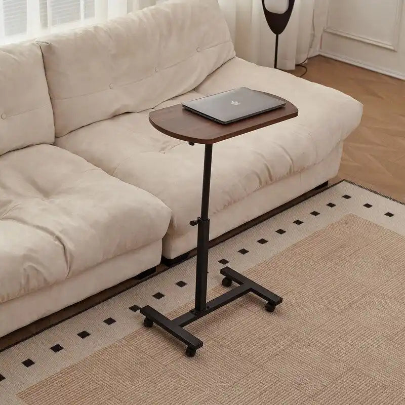 Table d'appoint en MDF marron en forme de C, réglable en hauteur, pivotante à 360°, usage unique